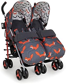 Cosatto Supa Dupa Double Stroller  Pushchair from Birth 0-25kg, Lightweight, Compact Fold, with Footmuffs, Cup Holder & Raincovers (Charcoal Mister Fox)