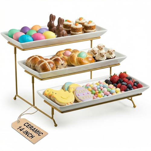 LAUCHUH Large 3 Tier Serving Stand Tiered Serving Trays with Collapsible Sturdier Rack Porcelain Serving Trays and Platters for Fruit Dessert Presentation Easter Party Display Set, 14 Inch