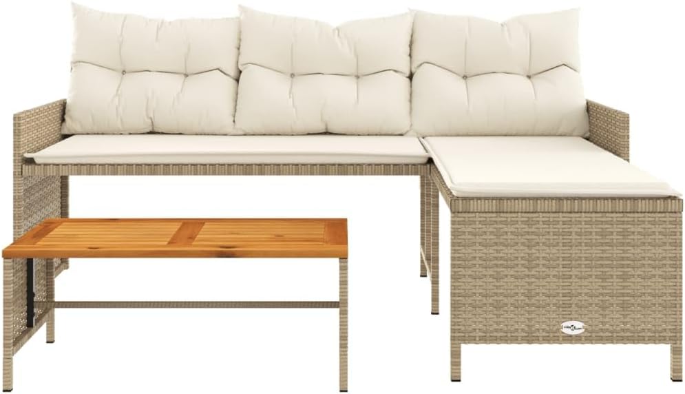 Patio Sofa with Table and Cushions L-Shaped Beige Poly Rattan Lawn Furniture