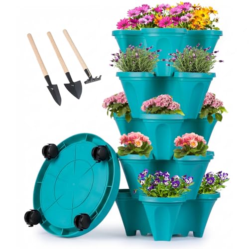 GameXcel Vertical Planter Tower - 5 Tier Stackable Garden Planters with Wheels and Tools Plant Pots for Strawberry Herb Flower and Vegetable Indoor Outdoor Use Teal
