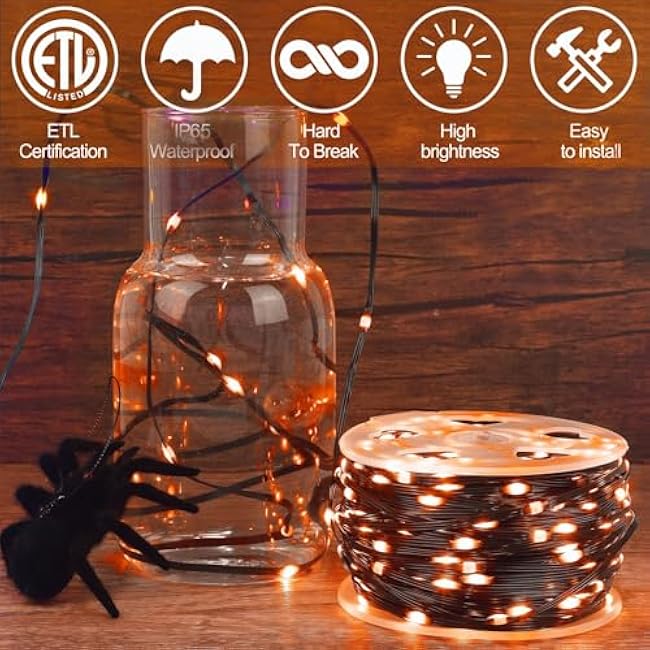 WATERGLIDE Extra Long 328 FT Halloween Lights, 1000 LED Outdoor Fairy String Light, Green PVC Copper Wire Christmas Lights, Plug in 8 Modes & Waterproof for Tree Party Home Yard Decor, Orange