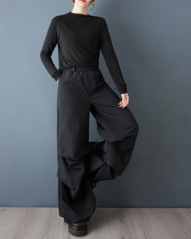 ellazhu Women's Cargo Pants Loose Wide Leg High Elastic Waist Sweatpants Pockets GZ784 A - Image 2