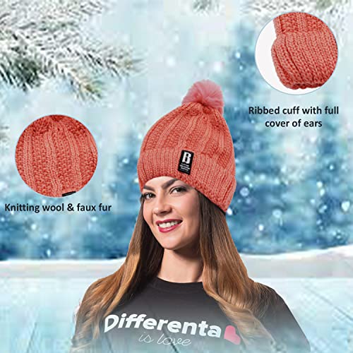 Image of SYGA Winter Beanie Hat for Women Warm Thick Cotton Lining Knit Bobble Pom Pom Skull Cap Fleece Lined Warm Cap Outdoor Sports Hat for Ladies Women Girl Free Size