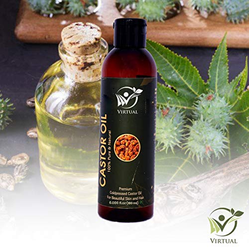 Image of VIRTUAL 100% Pure Castor Oil For Stronger Hair, Skin Care, Moisturising Dry Skin, Eyelash & Nails Cold Pressed Oil With No Mineral & Silicones (180ml)