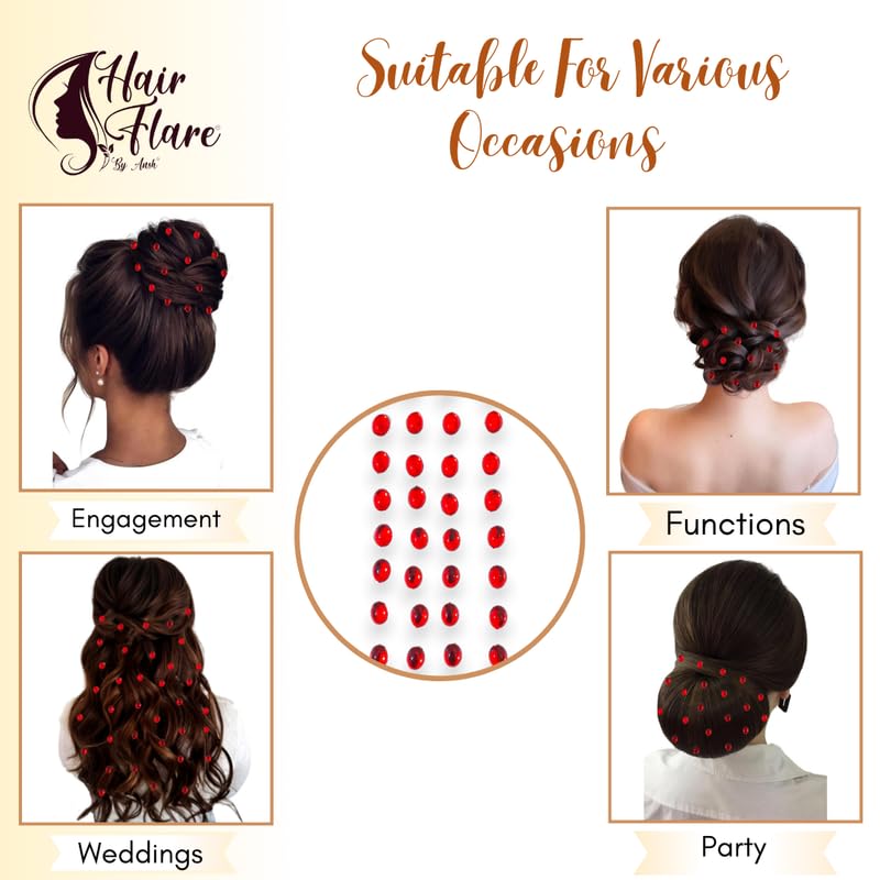 Image of Hair Flare Shimmering Oval Hair Stickers: Easy Stick-On Hair Accessories, 36 Pieces per Pack 2869 Red