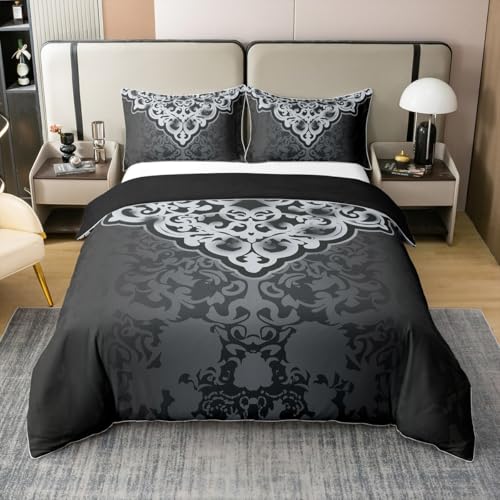 Ensemble de Literie Coton Bohème Damassé,Couvre Lit Floral Vintage Décor de Chambre,Dégradé de Gris Foncé Couvre Lit,Luxe Vintage Housse de Couette...