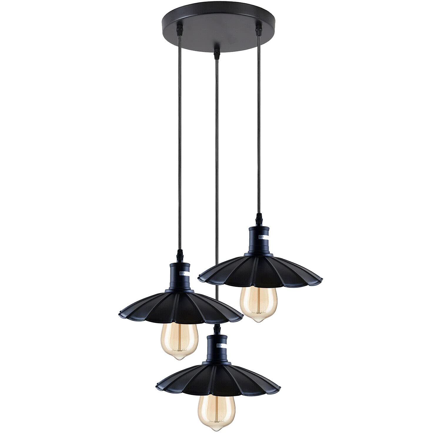 LEDSone Vintage Hanging Lamp Shade 3 Head Metal Black 22 cm Width 12 cm Height Wavy Shape 95 cm Adjustable Cable 20cm Width Round Ceiling Rose for Bar Restaurant Cafe Office Living Room Dining Room