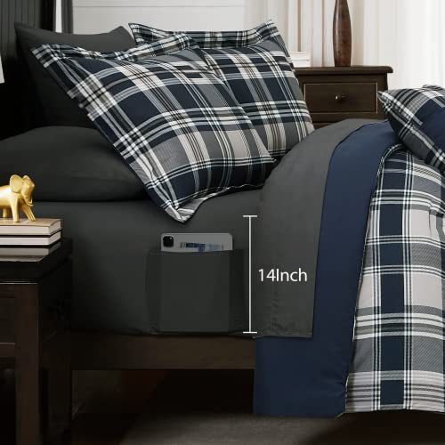 Image of MaiReve Queen Size Comforter Set Navy Blue, Classic Plaid Farmhouse 7 Pieces Bedding Set, All Season Lightweight Bed in a Bag with Sheets, Pillowcases & Shams