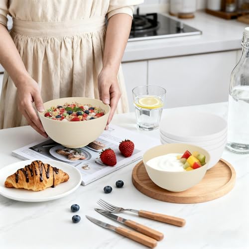 Image of Wheat Straw Bowls Set of 6, 26 OZ Unbreakable Cereal Bowls, Reusable Plastic Bowls for Camping, Dorm, RV, Picnic, Lightweight Salad Soup Bowls, Microwave & Dishwasher Safe, Beige