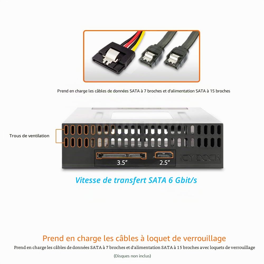 ICY DOCK Station d'accueil Rack Hot swappour 1 SSD / HDD 2,5" SATA et 1 Disque Dur HDD 3,5" SATA /SAS sans Plateau pour Baie de 5,25" - flexiDOCK MB795SP-B