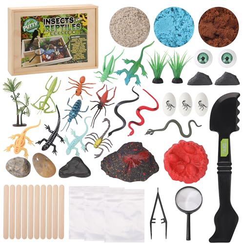 Image of Insects and Reptiles Putty Explorers Educational Sensory Kit Wooden Play Box Bugs Snakes Science Life Moldable Sand Kit STEM Educational Toys Science Teacher Classroom Gifts Lizards Volcano Easter