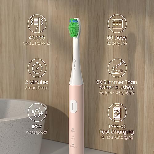 Image of Arisson Sonic Electric Toothbrush for Adults and Kids with 4 Brush Heads, Type C Fast Charging, 40,000 VPM, 3 Mode with 2 Minutes Smart Timer, 1.6 Oz-White on Desert Sand