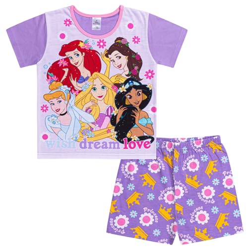 Disney Princess - Ensemble de pyjamas courts pour filles, set de pyjamas Ariel, Belle, Raiponce et Jasmine, ensemble de vêtements de nuit pour princesses,...