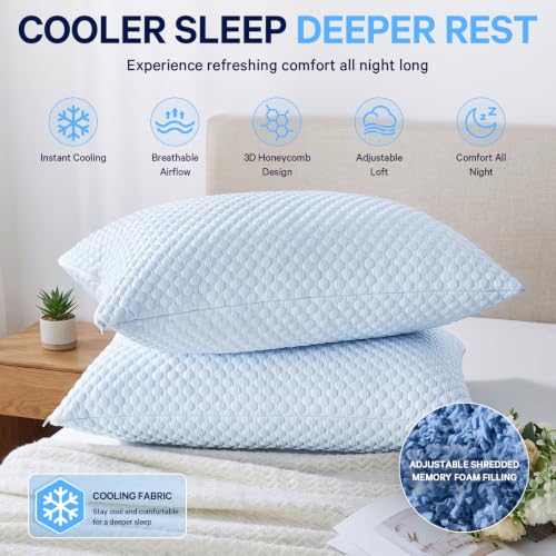 Image of BETU Cooling Pillow Queen Size Set of 2, Breathable Shredded Memory Foam Cool Pillow for Hot Sleepers, Adjustable Soft Support Pillows for Side, Back, Stomach Sleepers, 3D Honeycomb Breathable Cover