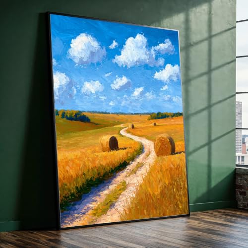 Toile paysage champ de blé doré souvenirs d'été et ciel bleu nuageux