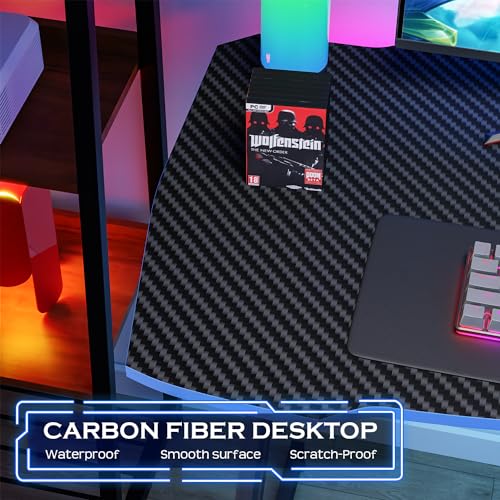 Image of PayLessHere | 35 inch Gaming Table | Blue | Z-Shaped Computer Desk with Steel Frame, Headphone Hook, Adjustable Feet | Carbon Fiber Texture Surface, Sweat & Waterproof | for Gaming, Home Office