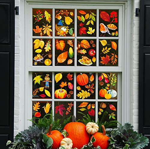 350PCS Fall Decor Thanksgiving Window Clings - Fall Decorations for Home Autumn Leaves Turkey Decals Party Supplies