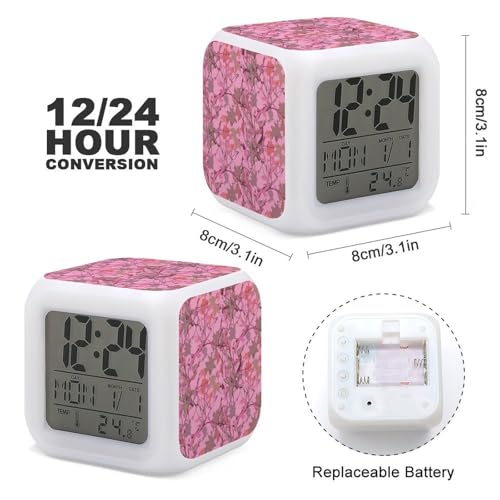 Reloj despertador impreso de hojas rosas con luz de noche multicolor para dormitorios juveniles 3