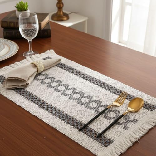 Image of HomeCloud Croshia Woven Table placemat - Heat Resistant, Washable Table Decoration for Dining, Office, Kitchen, Hotel, and Home (Rec White Grey, Set of 1)