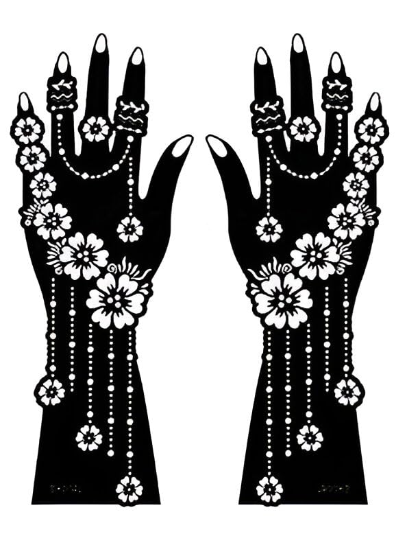 Image of Reusable Mehndi Hand Stencil for Women | Arabic Floral Full Hand Mehndi Design | Easy Apply Temporary Henna Tattoo Stencil | Pair of 2 (Both Hands) |