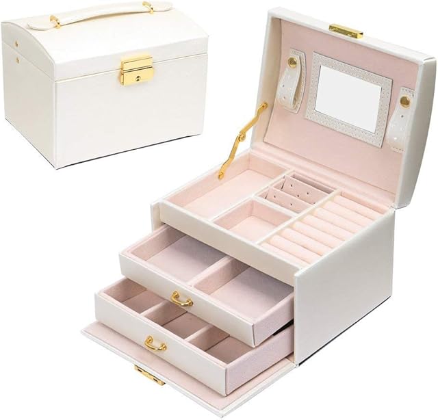 E-MANIS Jewellery Box, 3 Layers PU leather jewelry storage box with mirror and lock, Drawer type, For storing rings, bracelets, earrings, necklaces, Synthetic leather and velvet, Female gift - White