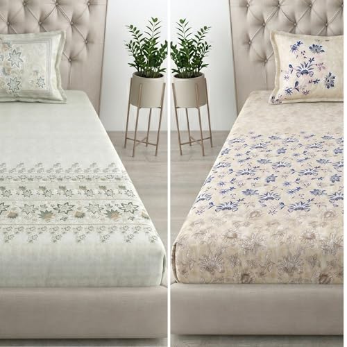 Image of Mafatlal Spring Glory Cotton Single Bedsheet Combo Pack of 2 with Pillow Covers | 180 TC Comfort Fit Cotton Sheets | Fresh Floral Print Bedding | Floral Green & Modern Blue