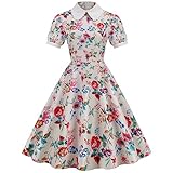 Verano Moda Impreso Muñeca de Manga Corta Cuello Casual Gran Swing Vestido 50's Vintage Tie Cocktail Prom Swing Dress Caqui+M