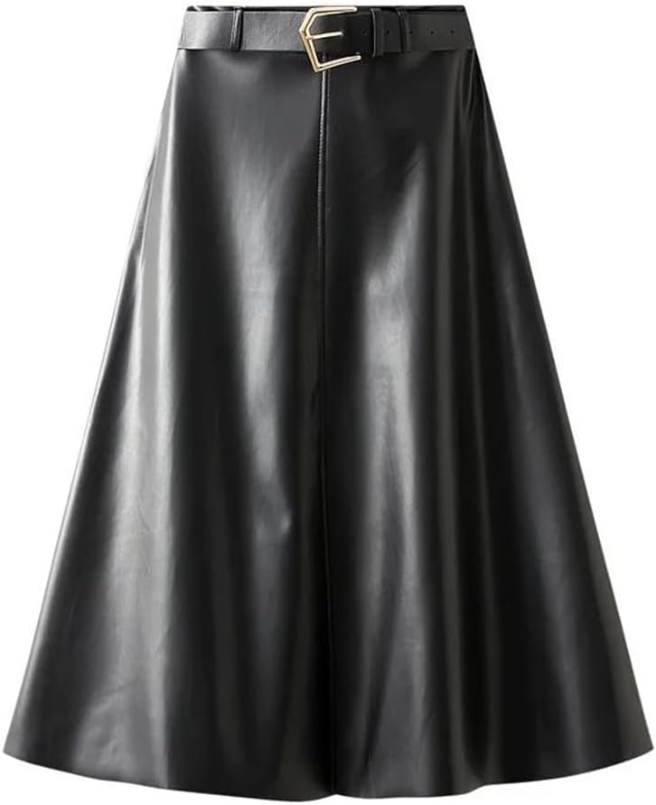 Suwequest Patchwork Pu Leather Skirt Half Length Skirt for Women Autumn High Waisted Large Swing Skirt with Belt