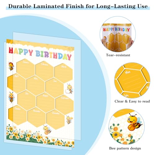 WhatSign Tabela de aniversário para sala de aula - pôster de aniversário de abelha reutilizável cale