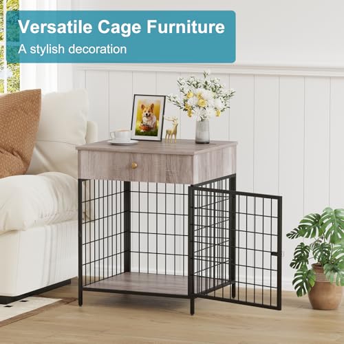 Decorative Grey Steel-Tube Dog Kennel Table with Drawer, Chew-Proof Indoor Pet Crate End Table for Small Dogs - Image 4
