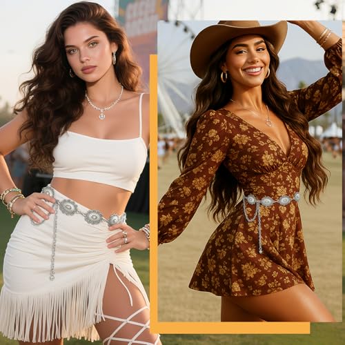 XZQTIVE Women Boho Chain Belts For Dresses Jeans Western Cowgirl Waist Links Belt Adjustable Metal Concho Belt
