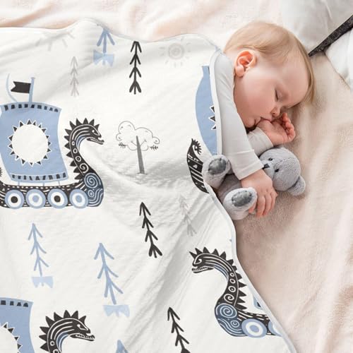 Image of Qilmy Viking Ships Baby Blanket for Boys Girls Kids with Soft Cotton, Cute Cozy Warm Nursery Receiving Swaddle Blanket for Toddler Infant Crib, 30 x 40 Inch