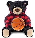 DolliBu Black Bear Stuffed Animal with Basketball Plush – Super Soft Huggable Bear with Red Plaid Hoodie, Personalized Basketball Plush Animal for Kids and Adults - 10 Inch