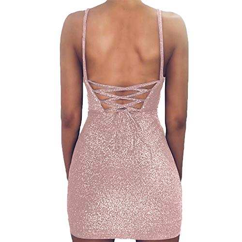 Image of VANCOL Women's Sexy Glitter Spagetti Straps Lace Up Back Bandage Bodycon Mini Club Party Dress