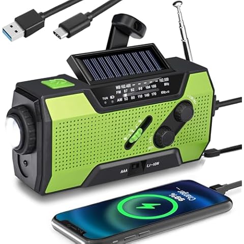 WenBelle Emergency Weather Radio, Hand Crank, Portable, Solar Charging, with AM/FM/NOAA, LED Flashlights, Reading Lamp, SOS Alarm, Rechargeable (WB02 Green) Cover