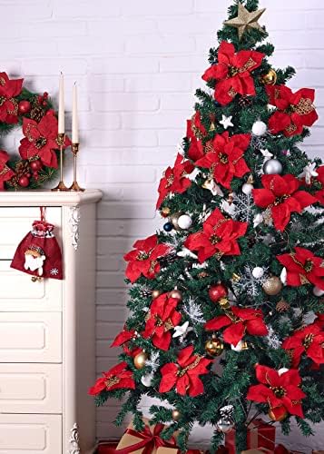 Roqueen 12 PCS 22CM/8.7 Inches Artificial Christmas Flowers Poinsettia Glitter with Clips Xmas Tree Ornaments for Wreath Wedding Party Decoration (Red)