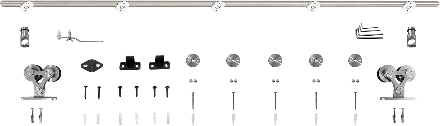 Miseno MBDH5606X96 96" Twin Roller Round Rod Barn Door Hardware Kit - Stainless Steel