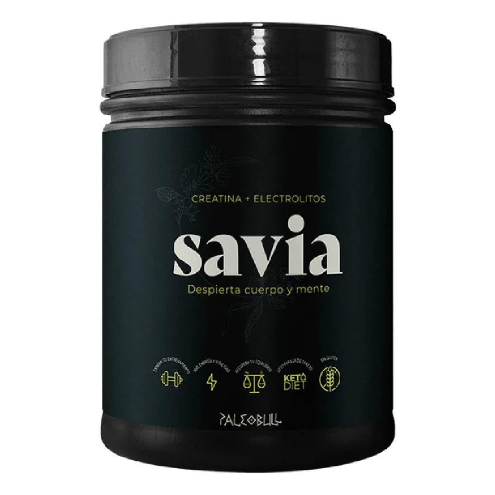 Savia Paleobull Creatina Creapure® + Electrolitos Esenciales 450 g, 45 dosis, con magnesio y potasio, sin gluten, polvo para mezclar con agua, zumo o batido.