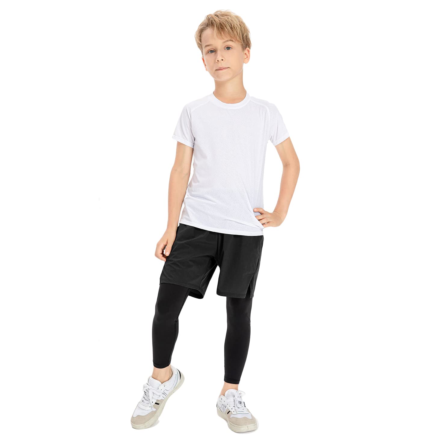 Kinder Sport Shorts Legging 2 in 1 Kompressionshose Laufshorts Leicht Kurz Sporthose Schnelltrocknende Trainingsshorts Atmungsaktiv Running Fitnesshose mit Tasche Basketballhose