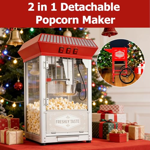Image of Commercial Popcorn Machine with Cart - 12-Ounce Kettle Popcorn Makers with Heating, 3-Switch Control,Large Capacity for Home Party, Movie Theath, Office, Schools, Carnival, Christmas, Red