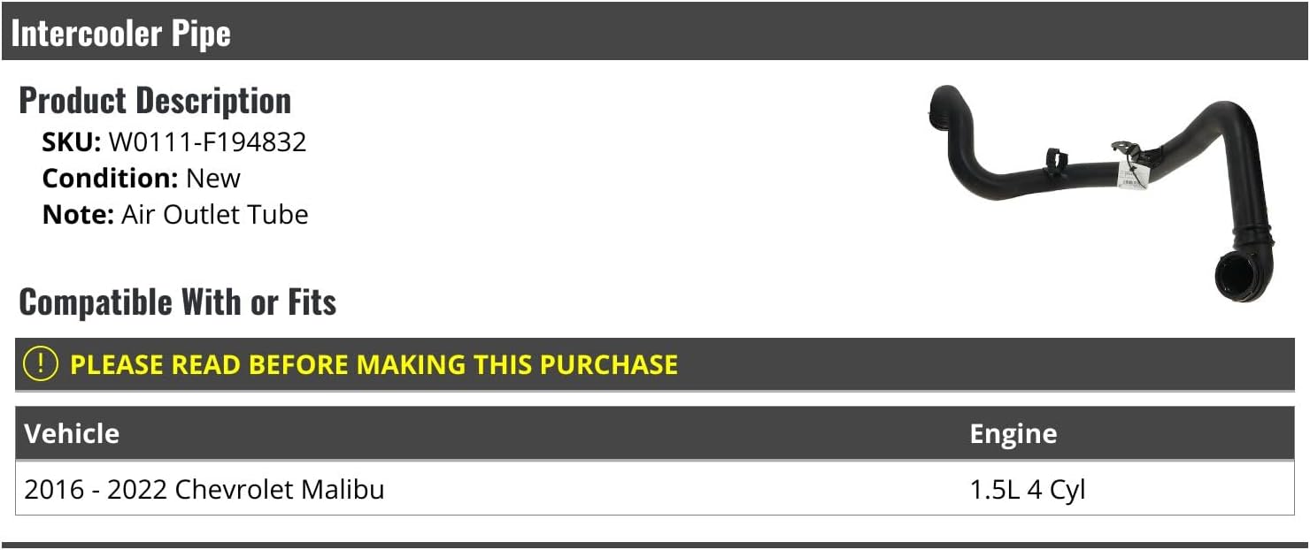 Intercooler Hose - Air Outlet Tube - Compatible with 2016-2022 Chevy Malibu 1.5L 4-Cylinder