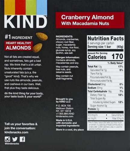 Image of KIND Nut Bars, Cranberry Almond, Healthy Snacks, Good Source of Fiber, Gluten Free, 5g Protein, 6 Count (Pack of 2)
