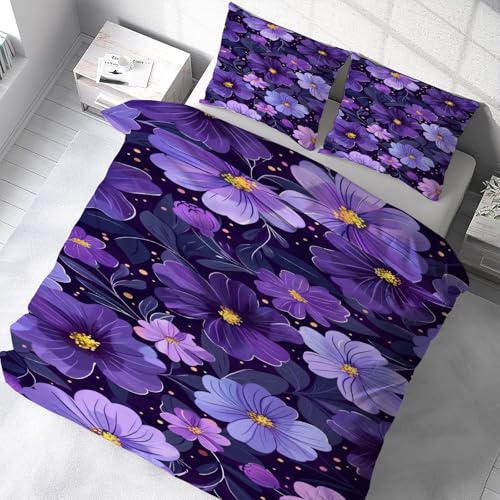 Housse de couette 200x200 peinture à l'huile violette parure de lit fleurs microfibre douce