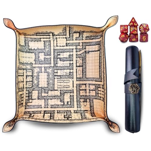 Power Beast Dungeon Tablero y Bandeja para Tirar Dados con Mapa + Juego de 7 Dados Rol, D&D, Tapete, Dungeons and Dragons, Dragones y Mazmorras, DND, Poliedricos