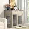 Okak Dog Crate Furniture Style Dog Cage Side Table with Drawers Wooden Dog Crate with Double Sliding Iron Doors Dog Kennel Indoor for Medium/Large Dog,Grey,29.92″ L