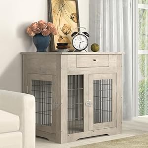 Okak Dog Crate Furniture Style Dog Cage Side Table with Drawers Wooden Dog Crate with Double Sliding Iron Doors Dog Kennel Indoor for Medium/Large Dog,Grey,29.92″ L