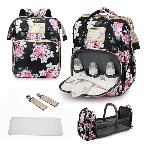 Image of GurZinn Diaper Bag Backpack Waterproof Baby Bag Large Capacity Multifunction Nappy Bags Floral Insulated Durable Travel Maternity Back Pack with Changing Station for Baby （Black）