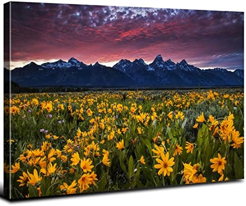 Grand Teton Wall Art for Living Room, Sunflower Pictures Wall Decor Nature Mountain Canvas Wall Art Sunset National Park Landscape Poster Photography Painting for Bedroom Office Home Decoration 12x16"