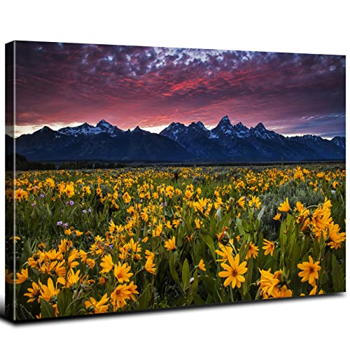 Grand Teton Wall Art For Living Room, Sunflower Pictures Wall Decor Nature Mountain Canvas Wall Art Sunset National Park Landscape Poster Photography Painting For Bedroom Office Home Decoration 12X16" #TOP1