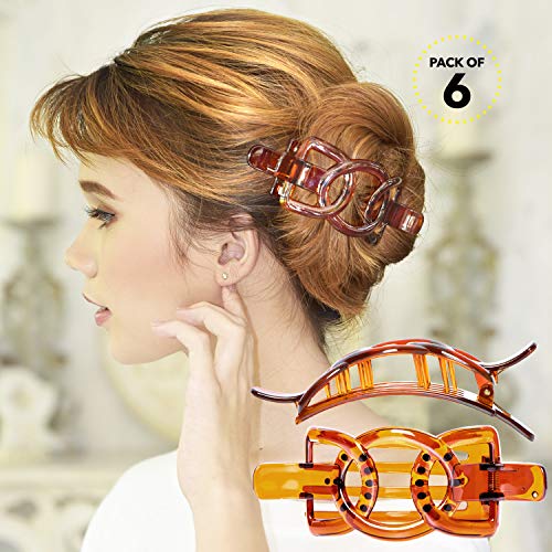 RC ROCHE ORNAMENT 6 Pcs Womens Plastic Side Slide Wide Ribbon Bow Styling Durable Strong Hold Firm Grip Teeth Beauty Accessory Hair Clip Clamp, Large Brown